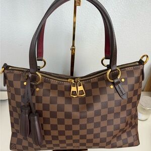 Louis Vuitton Brown Checkered Shoulder Bag with Gold Accents